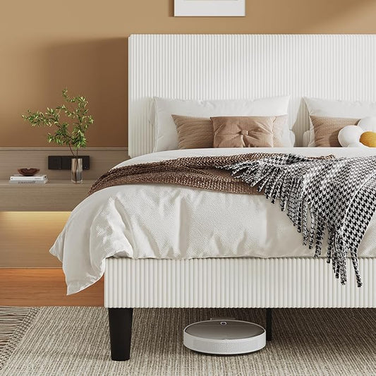 Allewie King Size Upholstered Bed Frame with Vertical Channel Tufted Headboard, Soft Corduroy Fabric Platform Bed, Strong Wooden Slats Support, Easy Assembly, No Box Spring Needed, White