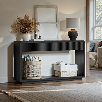 Evermagin 59'' Charcoal Black Entryway Table with Drawers, Fluted Console Table, Mid Century Modern Sofa Table with Storage for Living Room, Entrance, Hallway