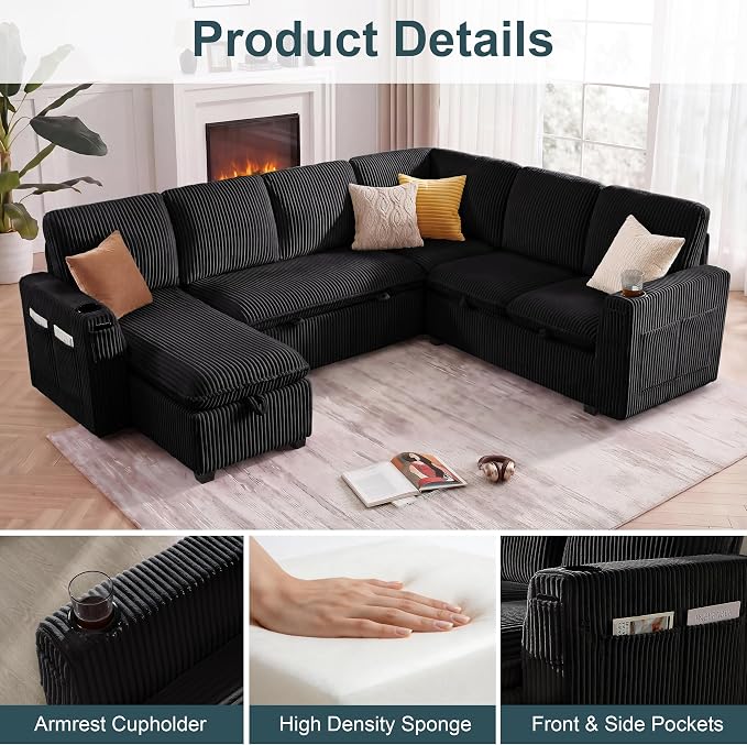 Sectional Sleeper Sofa with Pull Out Bed, Plush Corduroy 7 Seat Modular Sectional Sofa with Storage Chaise and Adjustable Backrest, Cloud Couches for Living Room, Apartment, Black