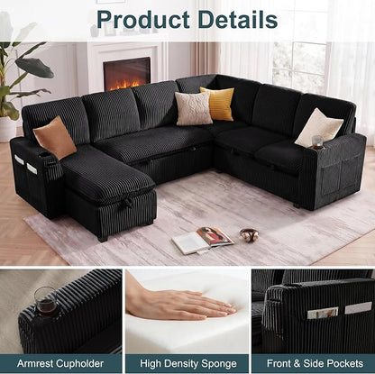Sectional Sleeper Sofa with Pull Out Bed, Plush Corduroy 7 Seat Modular Sectional Sofa with Storage Chaise and Adjustable Backrest, Cloud Couches for Living Room, Apartment, Black