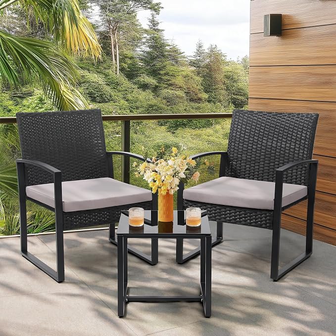 3 Piece Outdoor Wicker Bistro Set, Rattan Patio Conversation Set with Coffee Table & Washable Cushions for Porch Yard Balcony, Black/Grey