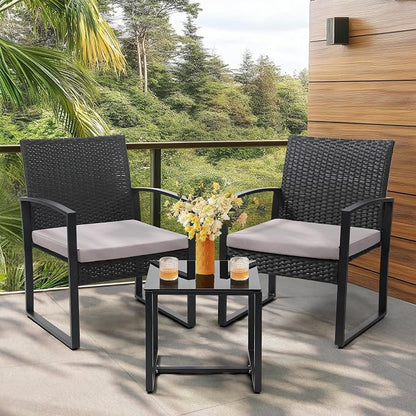 3 Piece Outdoor Wicker Bistro Set, Rattan Patio Conversation Set with Coffee Table & Washable Cushions for Porch Yard Balcony, Black/Grey