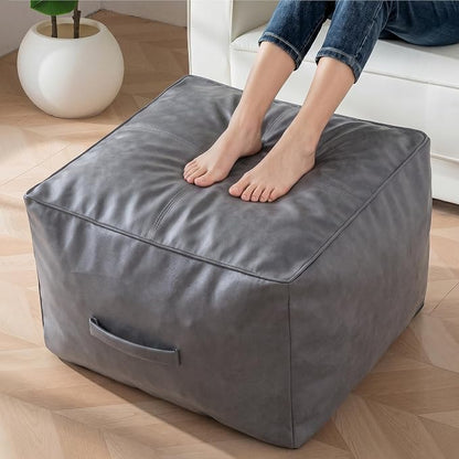 HIGOGOGO Square Stuffed Pouf Ottoman, Pu Leather Poufs with Foam Chunk Filling, Furry and Fluffy Pouf Foot Stool Storage Ottoman,20 X 14 Inches Floor Poufs Foot Rest for Living Room, Grey