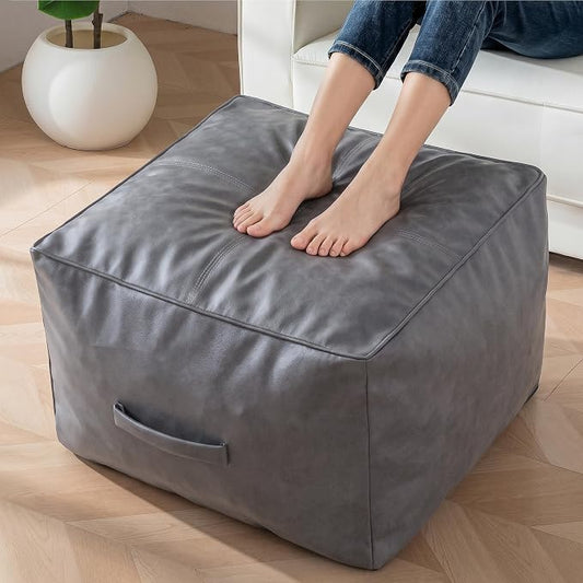 HIGOGOGO Square Stuffed Pouf Ottoman, Pu Leather Poufs with Foam Chunk Filling, Furry and Fluffy Pouf Foot Stool Storage Ottoman,20 X 14 Inches Floor Poufs Foot Rest for Living Room, Grey