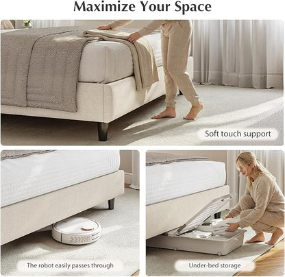 EnHomee Full Size Bed Frame with Adjustable Height Headboard,Upholstered Platform Bed with Charging Stations, Noise-Free,No Box Spring Needed, Easy Assembly,Beige