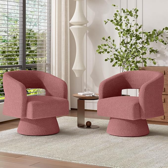 Luxanimarion Swivel Barrel Accent Chair,Oversized Teddy Upholstered Round Swivel Chair,Modern Luxury 360 Degree Living Room Vanity Chair for Bedroom Office,Pink,2PCS
