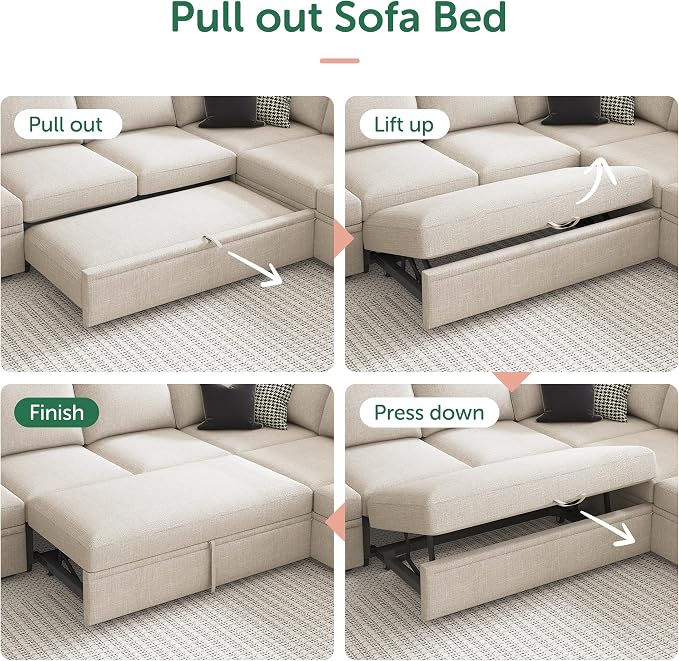 HONBAY Modular Sectional Sleeper Sofa Bed, Sectional Couch with Pull Out Bed U Shaped Modular Couch with Storage Ottoman for Living Room, Beige