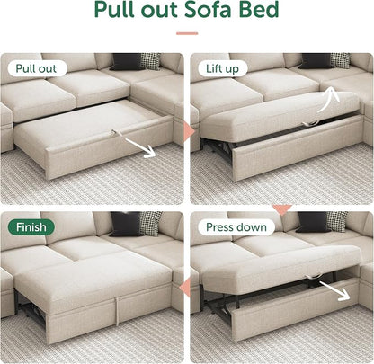 HONBAY Modular Sectional Sleeper Sofa with Pull Out Bed, U Shaped Sectional Couch with Storage Ottoman, Sleeper Sectional Couches for Living Room, Beige