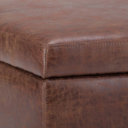 SIMPLIHOME Owen Coffee Table Storage Ottoman - 34" Wide x 19" High Upholstered Vegan Leather Rectangular Lift-Top Ottoman in Distressed Saddle Brown, Mid-Century Modern Bench with Tapered Legs