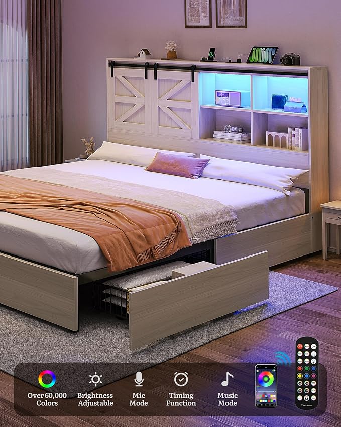 DWVO Farmhouse King Size Bed with 50" Tall Storage Bookcase Headboard, Sliding Barn Door, 4 Storage Drawers, RGB LED Bed Frame w/Type-C&USB Charging Station, No Box Spring Needed, Antique White