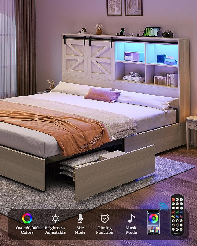 YITAHOME Farmhouse King Size Bed with 50" Tall Storage Bookcase Headboard, Sliding Barn Door, 4 Storage Drawers, RGB LED Bed Frame w/Type-C&USB Charging Station, No Box Spring Needed Antique White