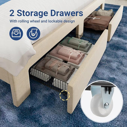 Allewie King Size Bed Frame with 2-Tier LED Storage Headboard, Upholstered King Platform Bed Frame with 2 Storage Drawers, USB & Type-C Charging Ports, Noise-Free/No Box Spring Needed, Beige