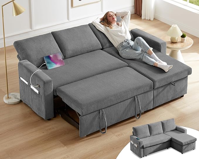 Vipbear 80" Sectional Sleeper Sofa Bed with Pull Out Bed, L Shaped Couch Pull Out Couch with Reclining Backrest, Reversible Storage Chaise, USB Ports, Tool-Free Assembly, Corduroy Dark Grey
