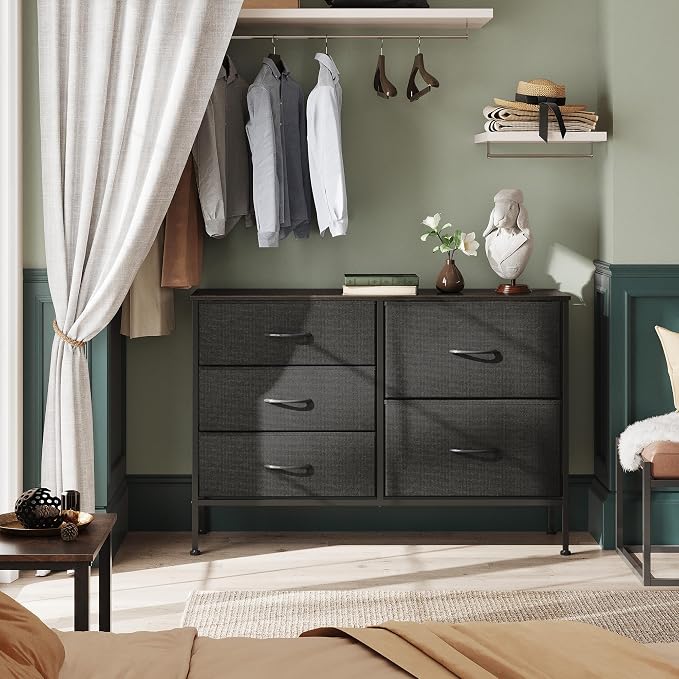 WLIVE Dresser for Bedroom with 5 Drawers, Wide Bedroom Dressers with Drawer Organizers, Chest of Drawers, Fabric Dresser for Living Room, Closet, Hallway, Charcoal Black