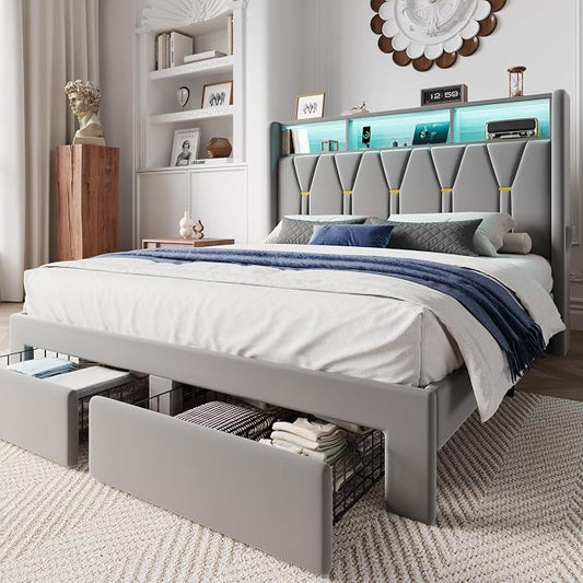 SHA CERLIN Full Velvet Platform Bed Frame with 2 Storage Drawers, LED Storage Headboard with Charging Station, Upholstered Wingback Headboard, Noise-Free, No Box Spring Needed, Easy Assembly, Grey