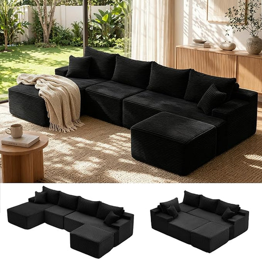 Mangodan 118'' Cloud Sectional Couch, U Shaped Boneless Couches for Living Room, Modular Sectional Sofa with Deep Seat Light Facing Chaise, Comfy Cloud Couch Sofa, Black