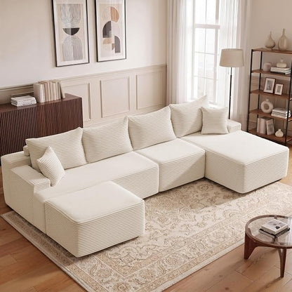 Mangodan 118'' Cloud Sectional Couch, U Shaped Boneless Couches for Living Room, Modular Sectional Sofa with Deep Seat Right Facing Chaise, Comfy Cloud Couch Sofa, Beige