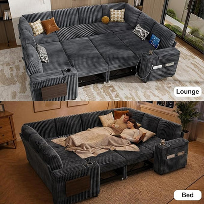 Vipbear 111" Modular Sectional Sleeper Sofa with Pull Out Bed, 8 Seat Plush Corduroy U Shaped Couch with Storage Chaise|USB Ports|Cup Holders|Side Table| Storage Armrests, Tool Free Assembly, Grey
