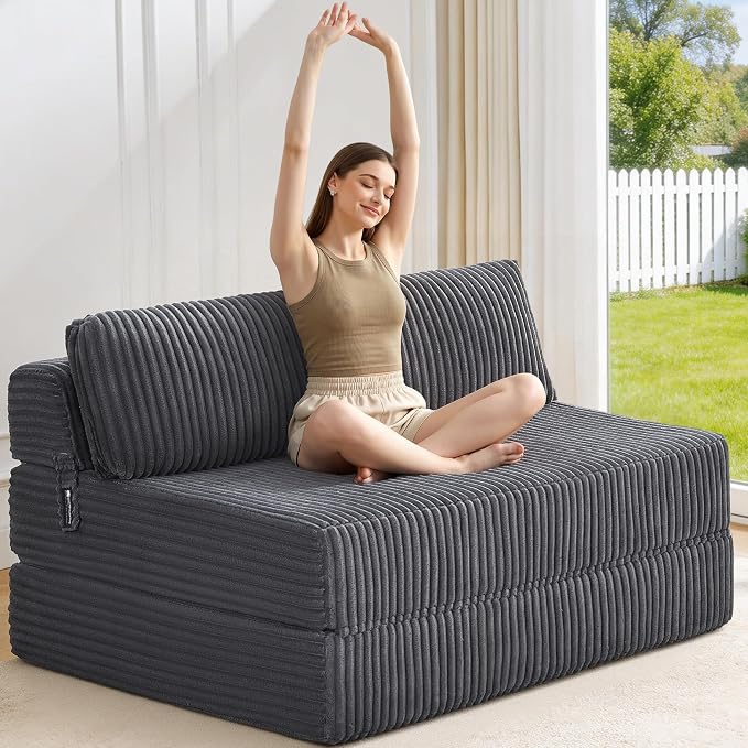 Convertible 4-in-1 Folding Sofa Bed 54" Loveseat Boneless Sleeper Chair Couch Foldable Chaise Lounger & Mattress Pocket Coils+Foam Medium Support, Portable No Assembly for Living Room/Bedroom, Full XL