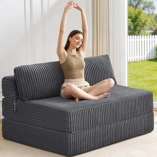 Convertible 4-in-1 Folding Sofa Bed 54" Loveseat Boneless Sleeper Chair Couch Foldable Chaise Lounger & Mattress Pocket Coils+Foam Medium Support, Portable No Assembly for Living Room/Bedroom, Full XL