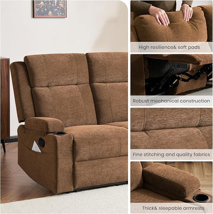 GUEAPY 55" Loveseat Reclining Sofa with Cup Holders – Manual Double Reclining Sofa for Aprtment & Small Spaces, Chenille Fabric Reclinig Couch with Wide Armrests & Side Storage for Livingroom Brown