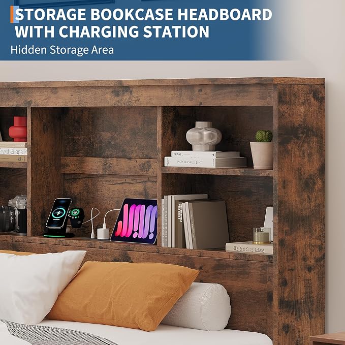 GarveeHome King Size Bed Frame with High Storage Bookcase Headboard, Wood Bed Frame with 4 Storage Drawers, Built in Charging Station, No Box Spring Needed, Metal Frame, Noise-Free, Vintage Brown