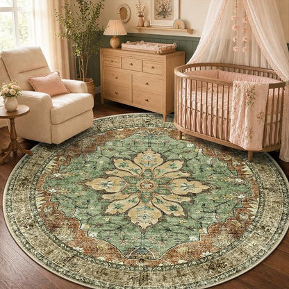 RELEANY Area Rugs Round 5ft Washable Non-Slip, Floral Vintage Distress Medallion Carpet for Living Room Bedroom Dining Room, Terracotta Burnt Orange Green