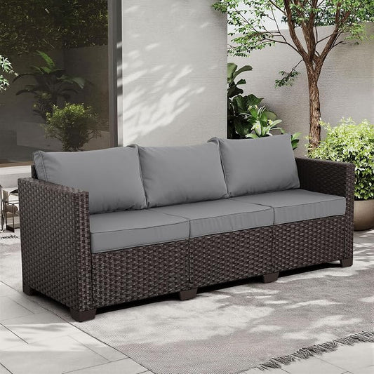 Rattan Star Wicker Patio Sofa Outdoor Furniture Outdoor Couch Deep Seat Sofa High Backrest with Waterproof Cover and Non-Slip Cushions, Grey