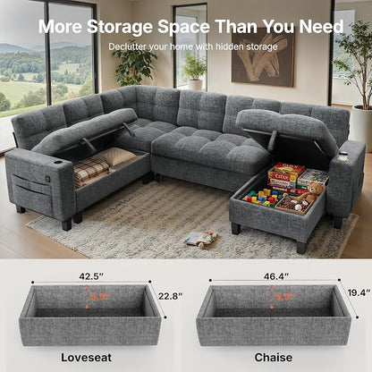 AMADA HOMEFURNISHING 110″ Modular Sectional Sleeper Sofa with Pull Out Couch, U Shaped 7 Seat Sectional Sofa with Storage, USB Ports & Cup Holders, Chenille Cloud Couches for Living Room, Light Gray