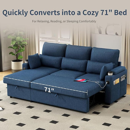 81" L-Shaped Sectional Sofa Couch, Pull-Out Sleeper Sofa Bed with Storage Chaise, Double Cup Holders, Dual USB Charging Ports, Couches for Living Room Apartment