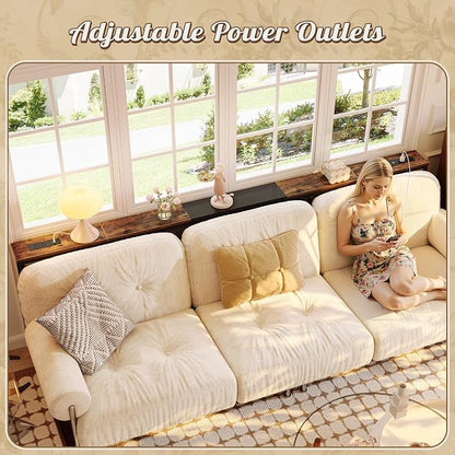 Huuger Narrow Sofa Table with 2 Power Outlets, 86.6-110.2 Inch Adjustable Length, Behind the Couch Table with USB-C Port, Long Entryway Console Table, Anti-tip Kit, for Living Room, Rustic Brown