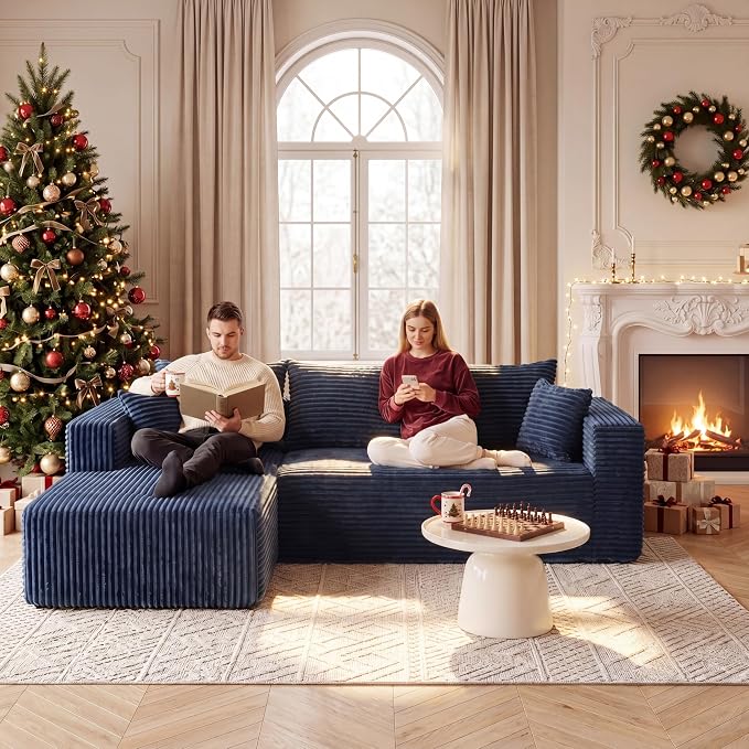92.5" L-Shaped Sectional Boneless Couches with Chaise, Comfy Modular Corduroy Fluffy Couch with Deep Seat, 3 Seater Cloud Sofa for Apartment Flexible Module Combination for Living Room, No Assembly