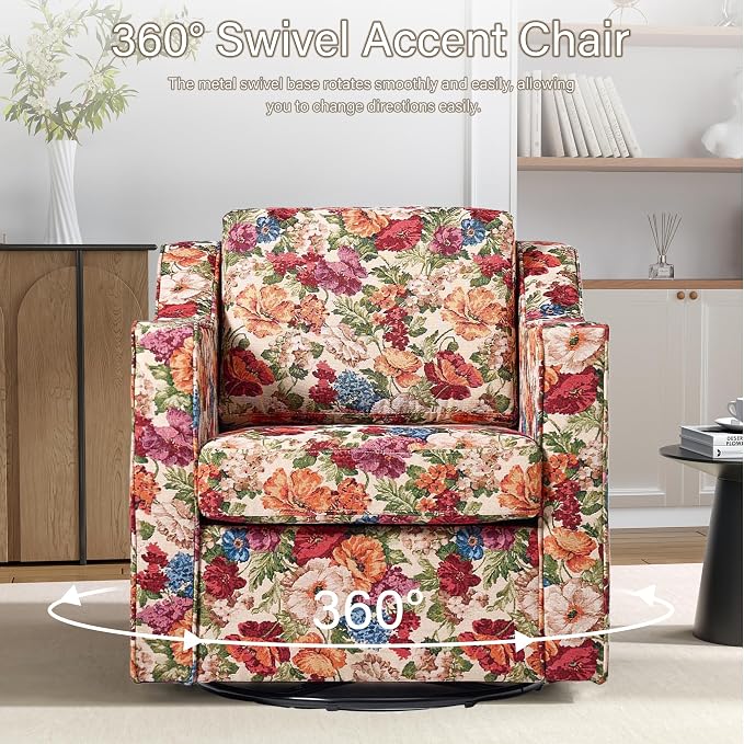 Swivel Accent Chair, 360° Swivel Upholstered Club Armchairs for Living Room, Comfy Fabric Single Sofa Reading Chair with Deep Seat, Metal Swivel Base, Beige Floral