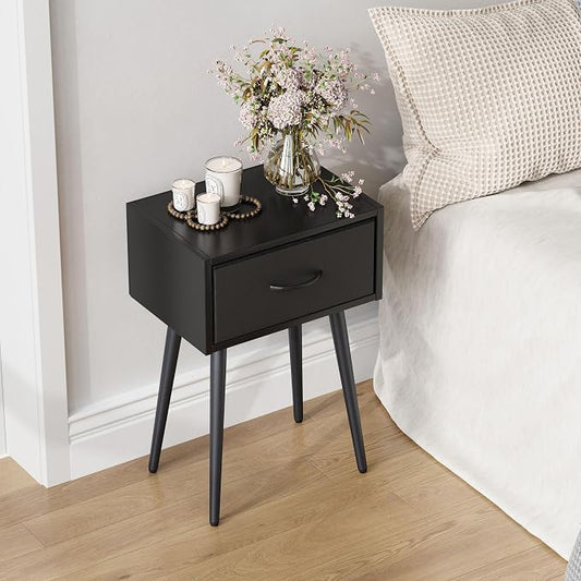 Small Black Nightstands Set of 2, Bedside Table with Fabric Drawer, Modern End Table with Metal Leg, Couch Side Table for Bedroom Living Room, Sofa, Office LNT504B