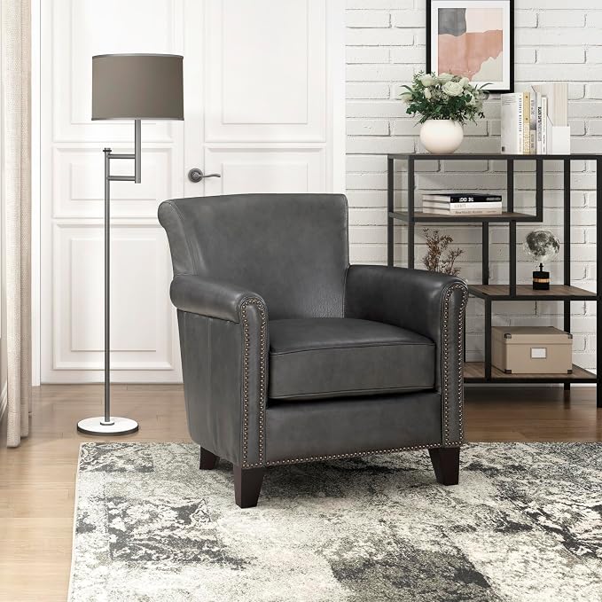 Lexicon 100% Top Grain Genuine Leather Chair, Leather Accent Chairs for Living Room, Solid Wood Frame, Rolled Armrest & Nailhead Trim, Comfy Reading for Bedroom, Office, Waiting Room, Classic Gray