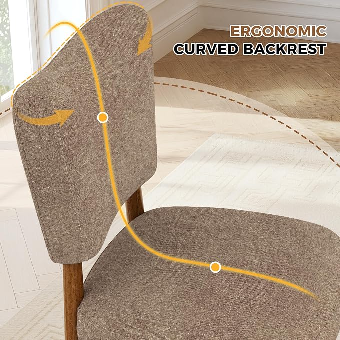 Mid Century Dining Chairs Set of 4, Linen Seat, Wood Legs, Brown | Farmhouse, Upholstered Padded Cushion, Solid Wood Cross-Brace, Easy 15-Min Assembly, Kitchen Dining Room