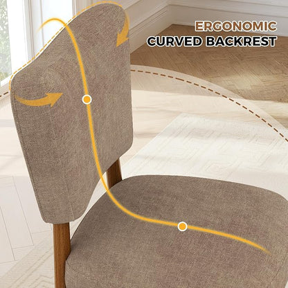Mid Century Dining Chairs Set of 4, Linen Seat, Wood Legs, Brown | Farmhouse, Upholstered Padded Cushion, Solid Wood Cross-Brace, Easy 15-Min Assembly, Kitchen Dining Room