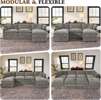 Ihanherry 103" Modular Sectional Sofa with Storage, L Shaped Cloud Couch with Movable Ottomans & Throw Pillows, Chenille Deep Seat Sectional Couches for Living Room, Apartment (Grey)