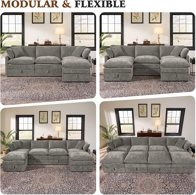 Ihanherry Oversized Sectional Sofa Bed with Storage, 103" 6-Seater Modular Cloud Couch with Movable Ottomans, Chenille Deep Seat Sleeper Couches for Living Room (Grey)