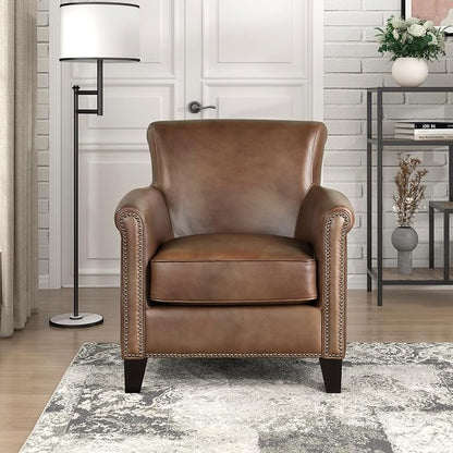 Lexicon 100% Top Grain Genuine Leather Chair, Leather Accent Chairs for Living Room, Solid Wood Frame, Rolled Armrest & Nailhead Trim, Comfy Reading for Bedroom, Office, Waiting Room, Classic Brown