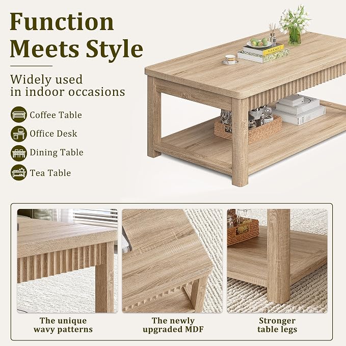 Homkdom Fluted Coffee Table, 2-Tier Storage Shelf, Oak | Heavy Duty 200 lb Capacity, Kids Friendly Rounded Corners