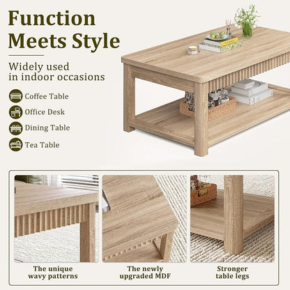Homkdom Fluted Coffee Table, 2-Tier Storage Shelf, Oak | Heavy Duty 200 lb Capacity, Kids Friendly Rounded Corners