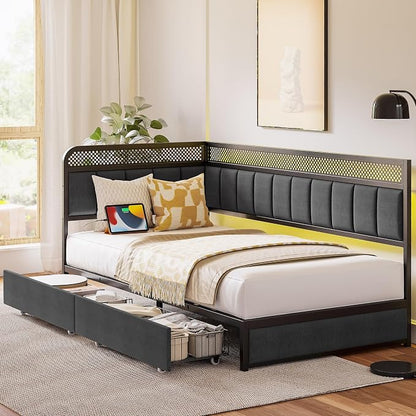LIKIMIO Twin Corner Bed Frame, Modern Daybed with Upholstered Guardrail | Under-Bed Storage Drawers, Built-in Charging Station, Adjustable Smart LED Lights, Gray