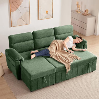Tbfit 80'' Sleeper Sofa Bed, 3 in 1 Cloud Pull Out Sofa Couch with USB & Storage Chaise, Chenille Convertible Sofa Bed with Pull Out Bed, Couches for Living Room, Apartment, Office, Green