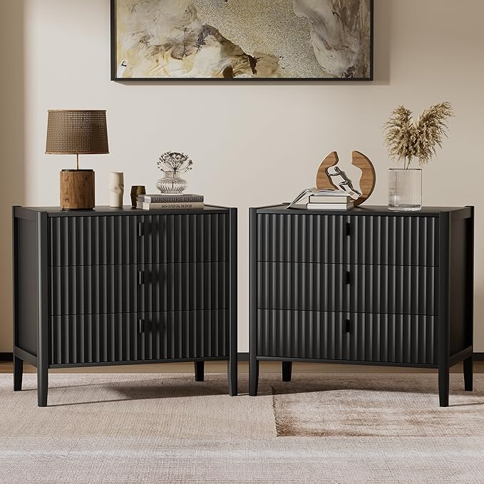 Furniway Nightstand Set of 2, Modern End Table with Solid Wood Legs, Bedside Table with 3 Drawers and Metal Handles for Bedroom, Black