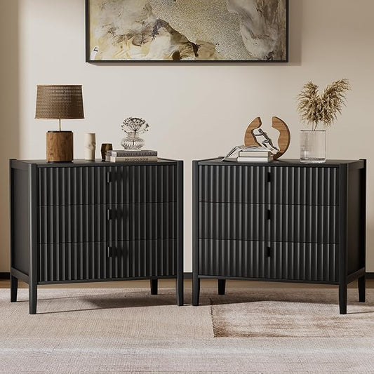 Furniway Nightstand Set of 2, Modern End Table with Solid Wood Legs, Bedside Table with 3 Drawers and Metal Handles for Bedroom, Black