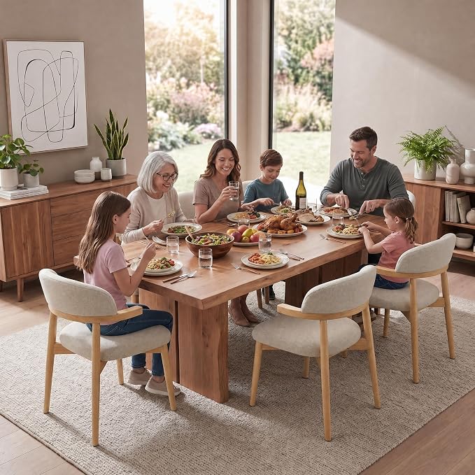 MOJAY Dining Chairs Set of 2 Natural Oak, Linen Beige with Curved Armrests