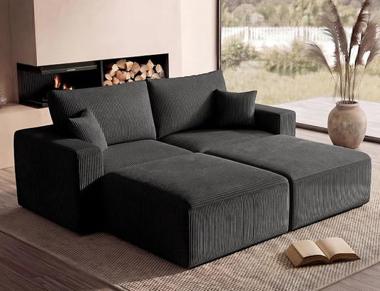 Modular Sectional Sofa Bed with Ottoman, 79" Memory Foam Cloud Couch, Boneless Loveseat Corduroy Upholstered Floor Couch, No Assembly Required Living Room Furniture for Apartment Bedroom, Black