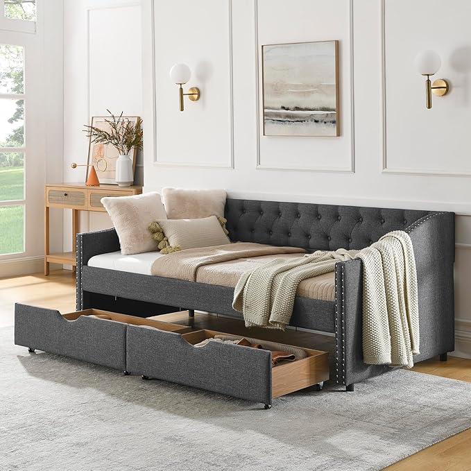 KEIKI Twin Size Upholstery Daybed with 2 Drawers and Headboard, Mid-Century Style Tufted Sofa Bed with Button on Back, Easy Assembly, No Box Spring Required, for Living Room and Bedroom, Dark Grey