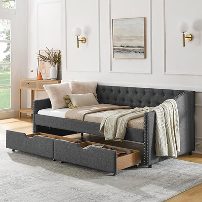 KEIKI Twin Size Upholstery Daybed with 2 Drawers and Headboard, Mid-Century Style Tufted Sofa Bed with Button on Back, Easy Assembly, No Box Spring Required, for Living Room and Bedroom, Dark Grey